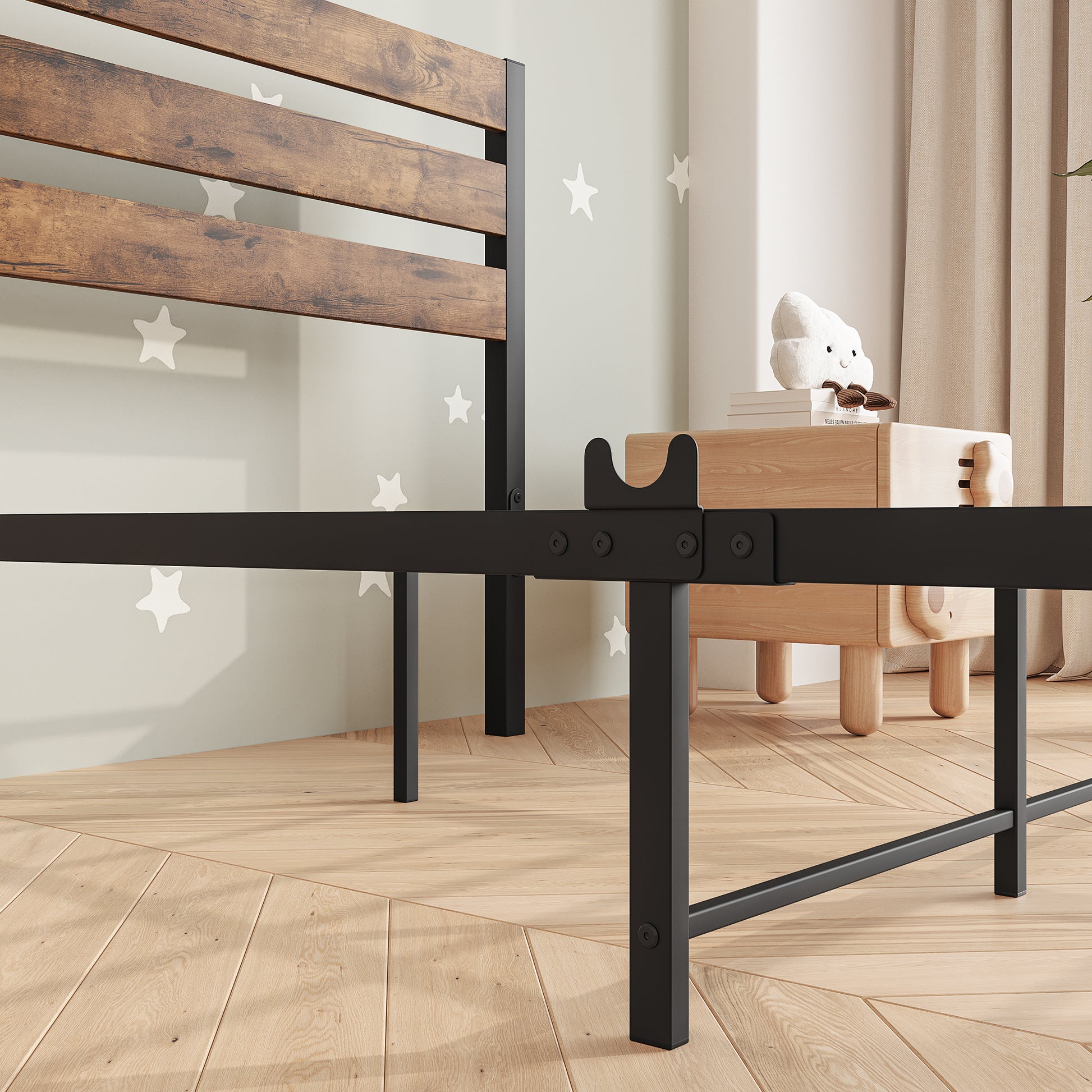 Twin-Sized Platform Bedframe with Slats and Rustic Wooden Head Board