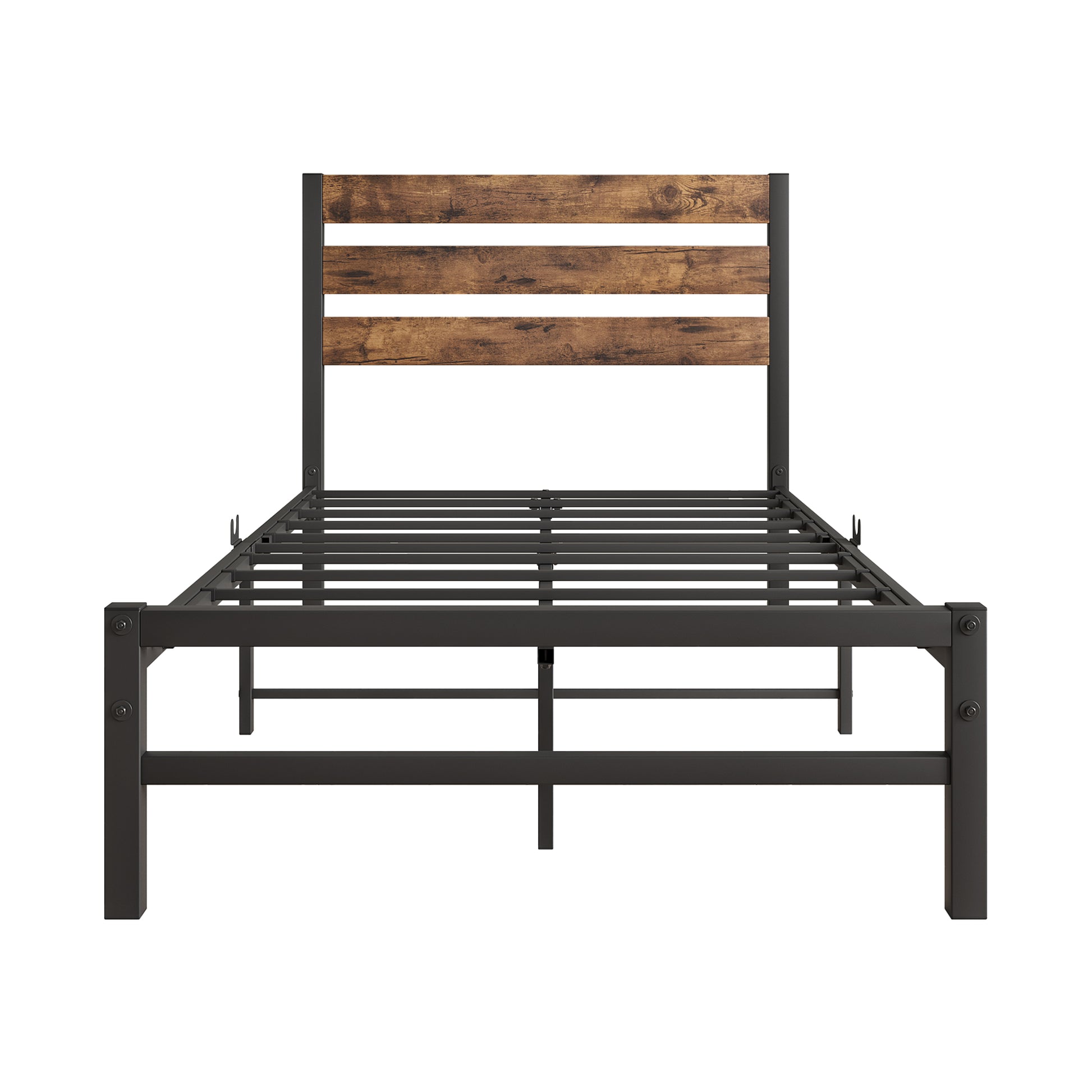 Twin-Sized Platform Bedframe with Slats and Rustic Wooden Head Board