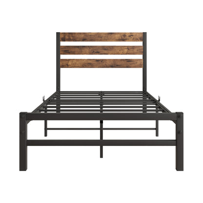 Twin-Sized Platform Bedframe with Slats and Rustic Wooden Head Board