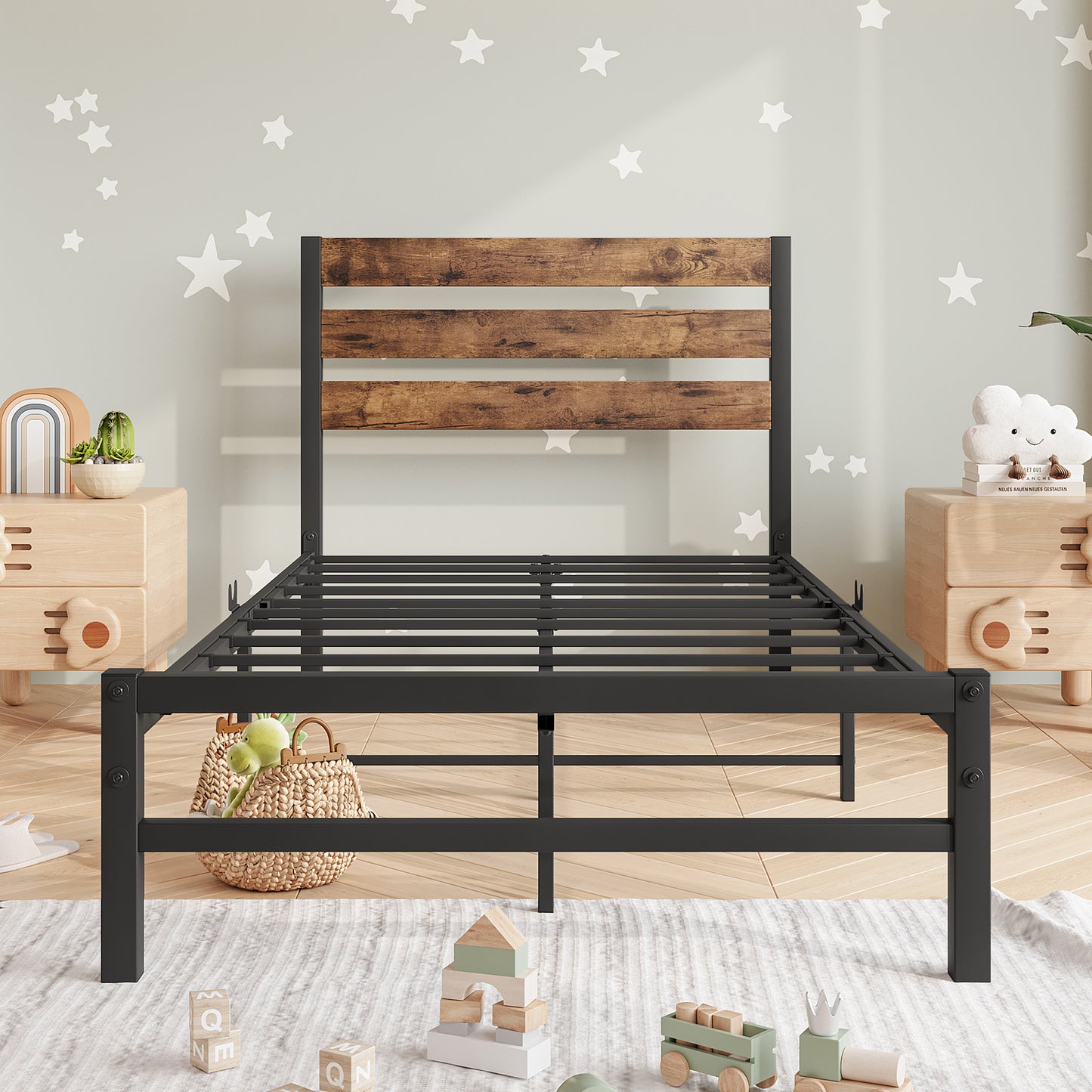 Twin-Sized Platform Bedframe with Slats and Rustic Wooden Head Board