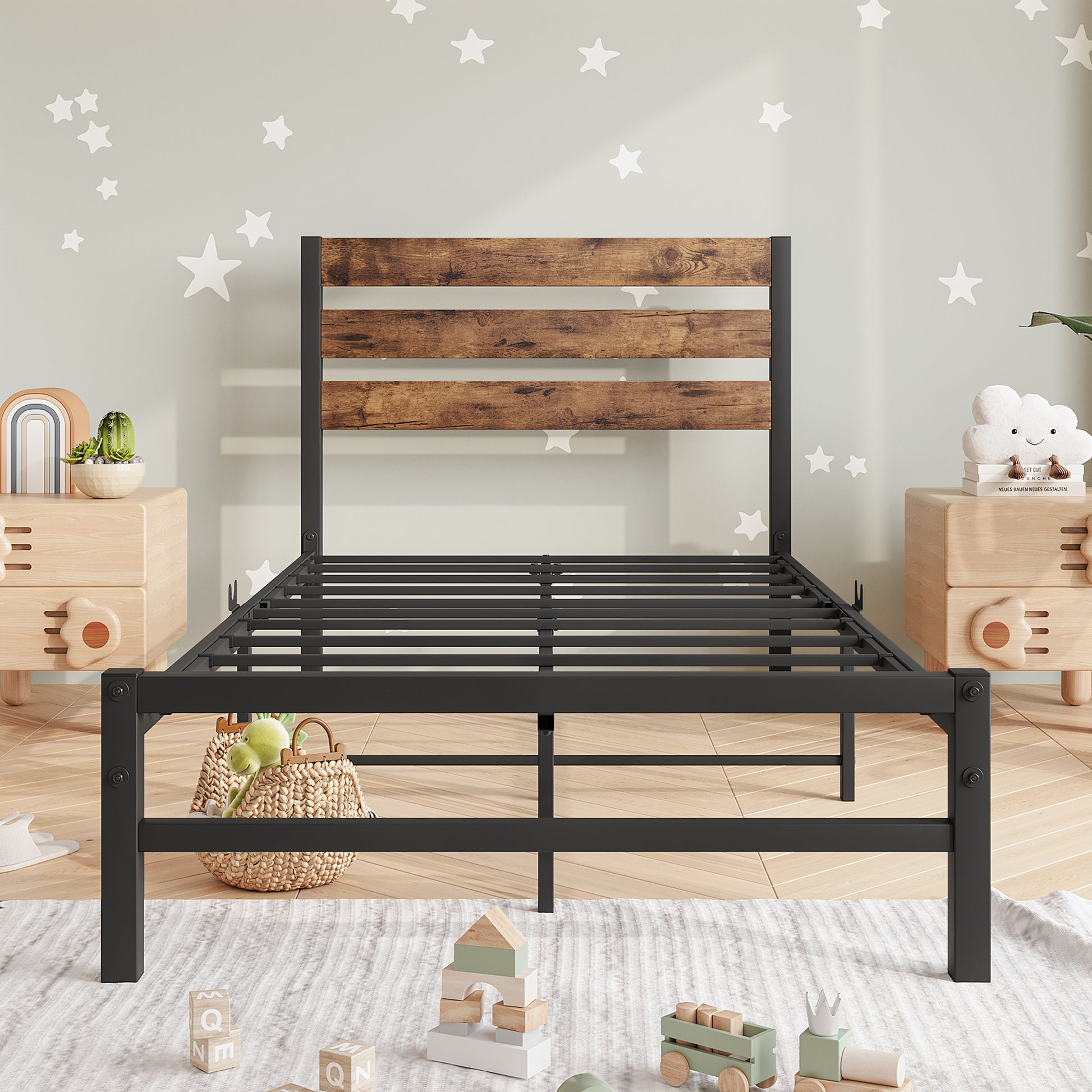 Twin-Sized Platform Bedframe with Slats and Rustic Wooden Head Board