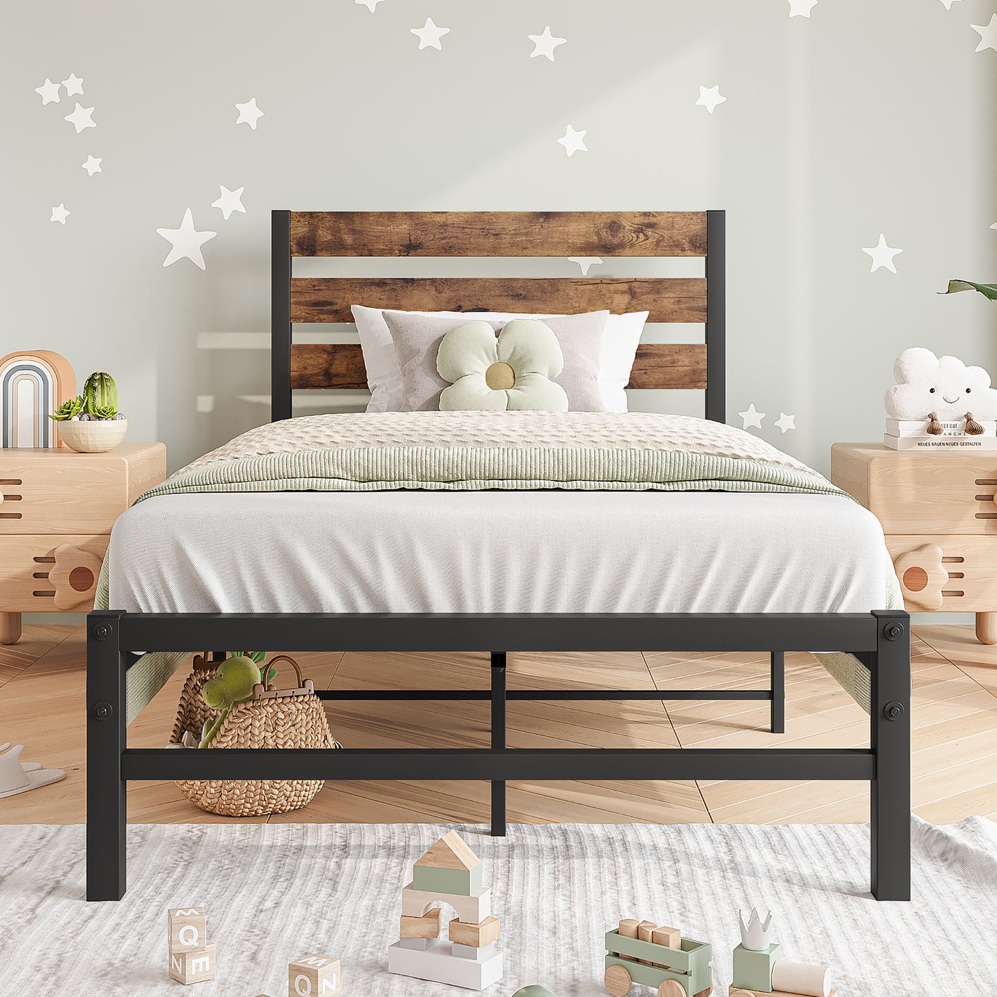 Twin-Sized Platform Bedframe with Slats and Rustic Wooden Head Board