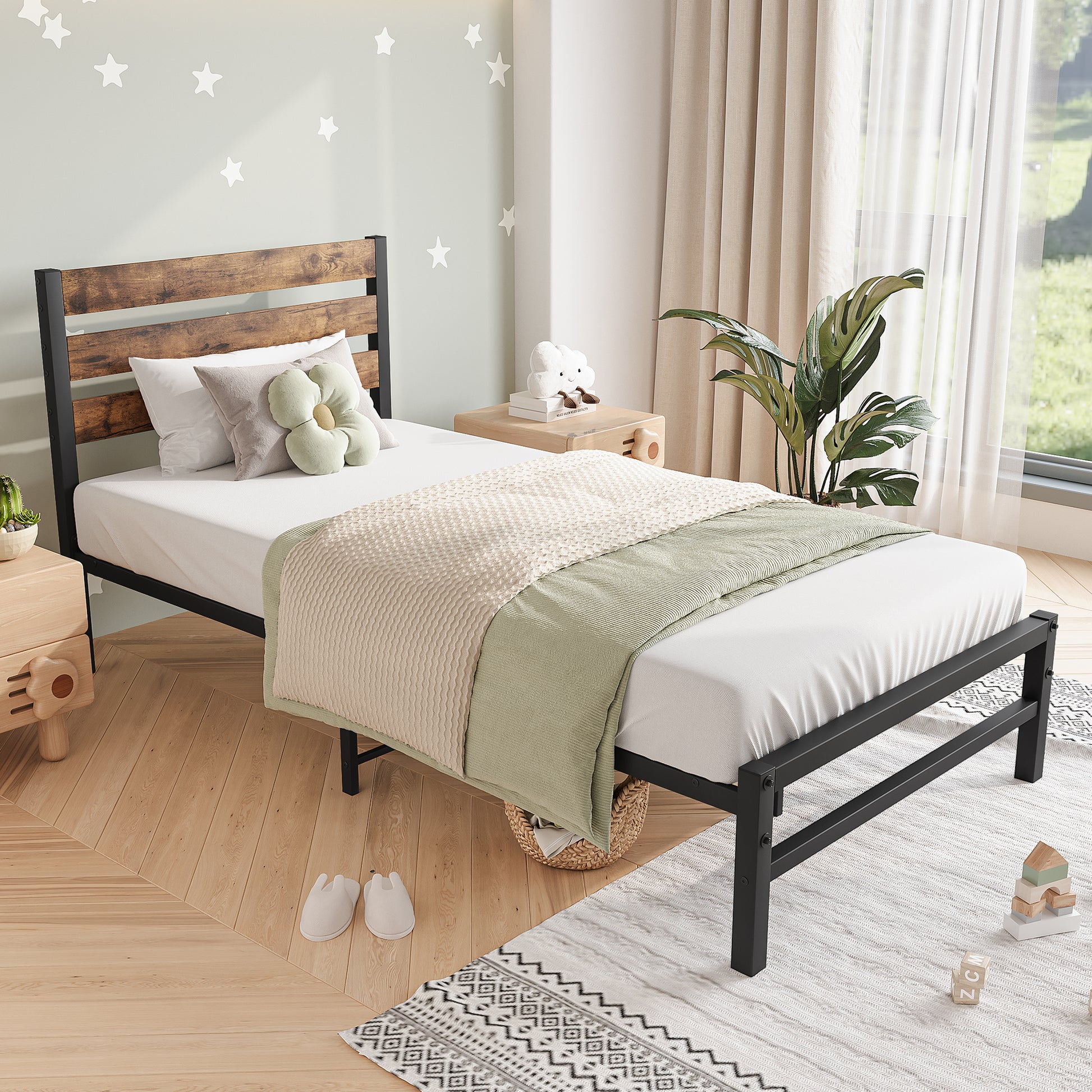 Twin-Sized Platform Bedframe with Slats and Rustic Wooden Head Board