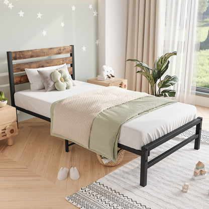 Twin-Sized Platform Bedframe with Slats and Rustic Wooden Head Board