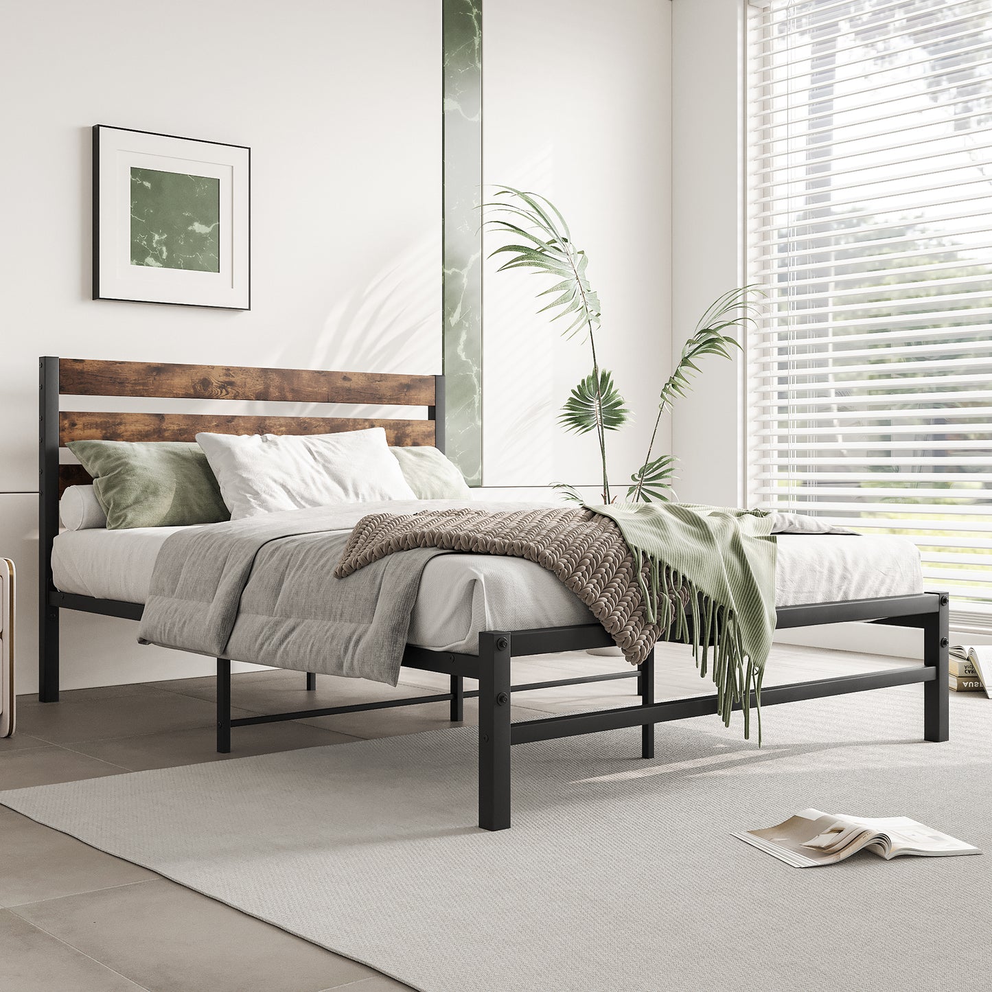 Full-Sized Platform Bedframe with Slats and Rustic Wooden Head Board