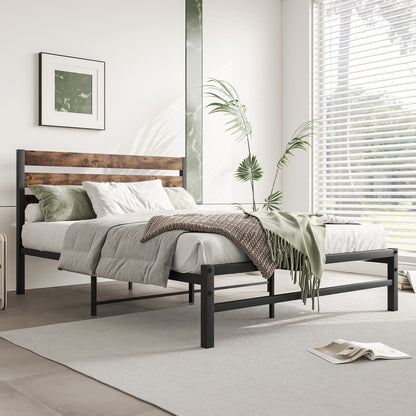 Full-Sized Platform Bedframe with Slats and Rustic Wooden Head Board