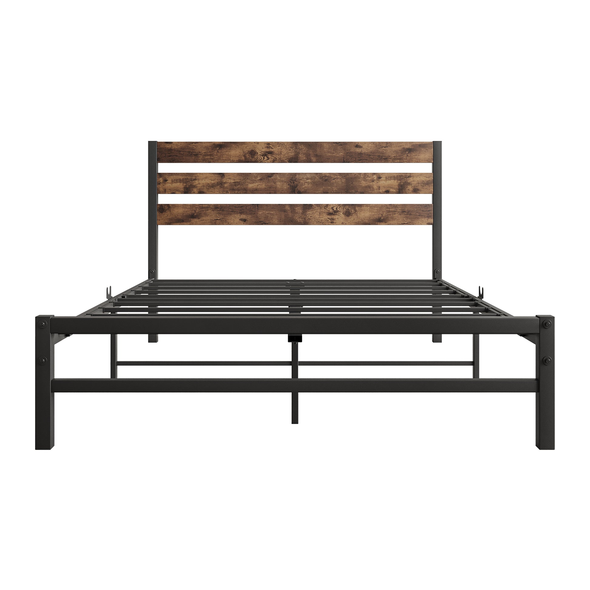 Full-Sized Platform Bedframe with Slats and Rustic Wooden Head Board