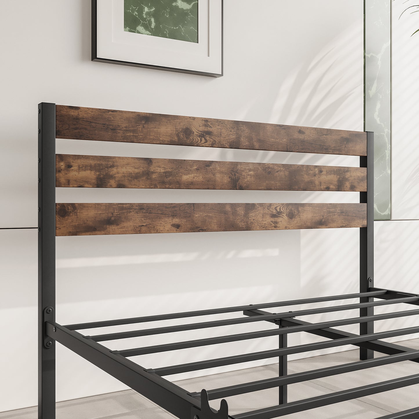 Full-Sized Platform Bedframe with Slats and Rustic Wooden Head Board