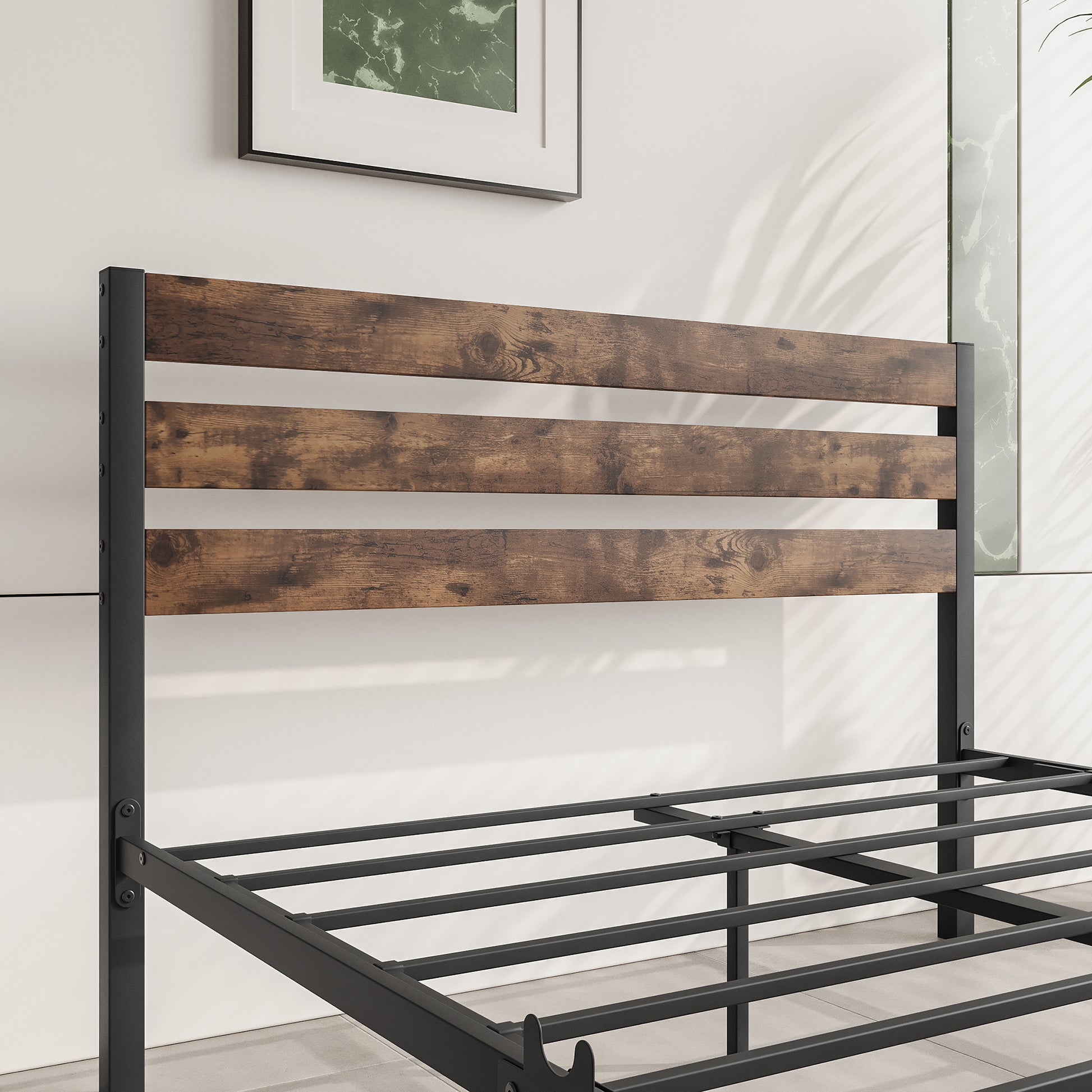 Full-Sized Platform Bedframe with Slats and Rustic Wooden Head Board
