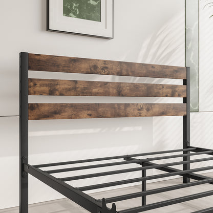 Full-Sized Platform Bedframe with Slats and Rustic Wooden Head Board