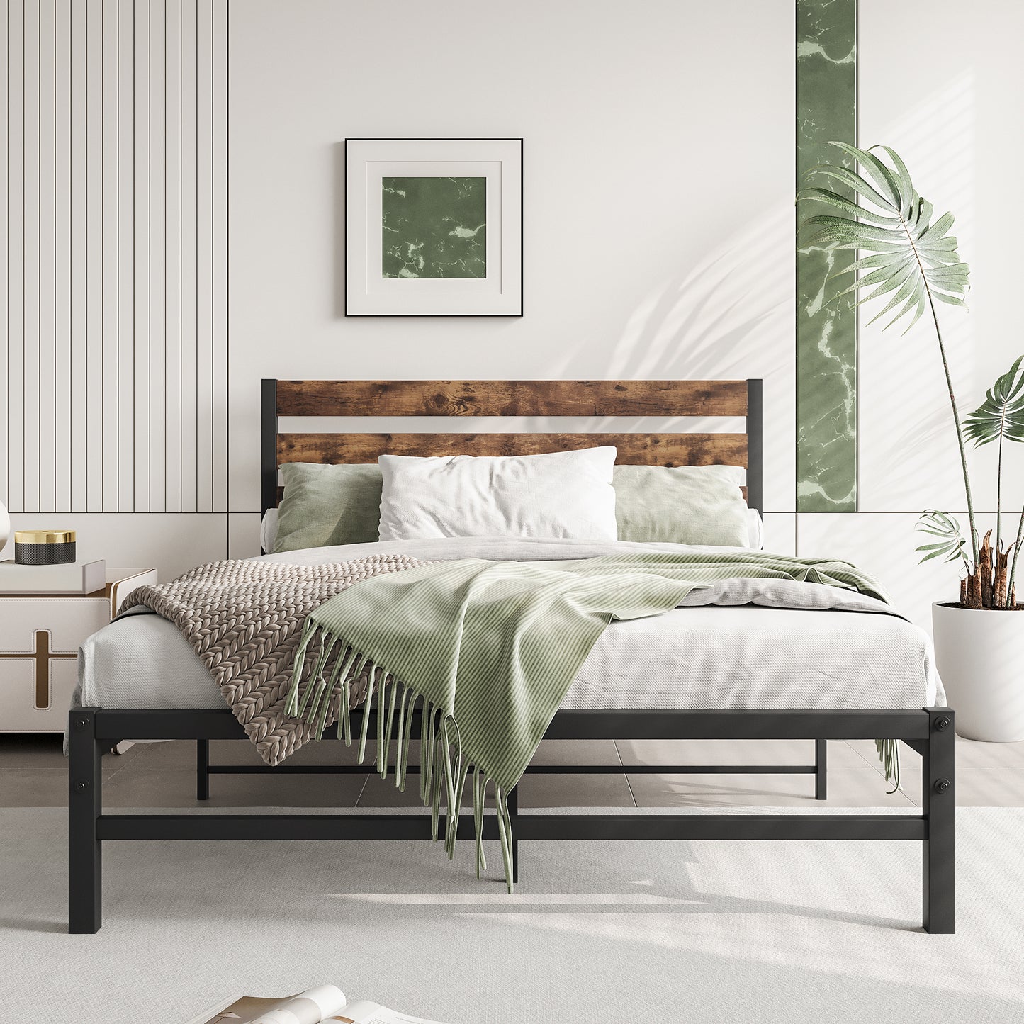 Full-Sized Platform Bedframe with Slats and Rustic Wooden Head Board