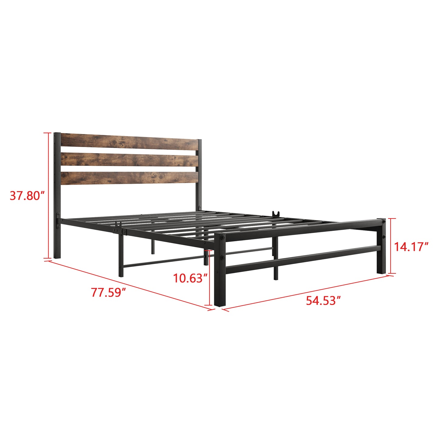 Full-Sized Platform Bedframe with Slats and Rustic Wooden Head Board