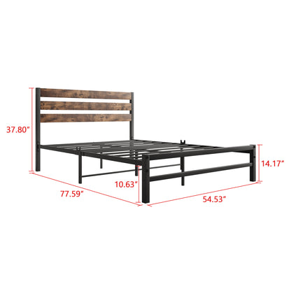 Full-Sized Platform Bedframe with Slats and Rustic Wooden Head Board