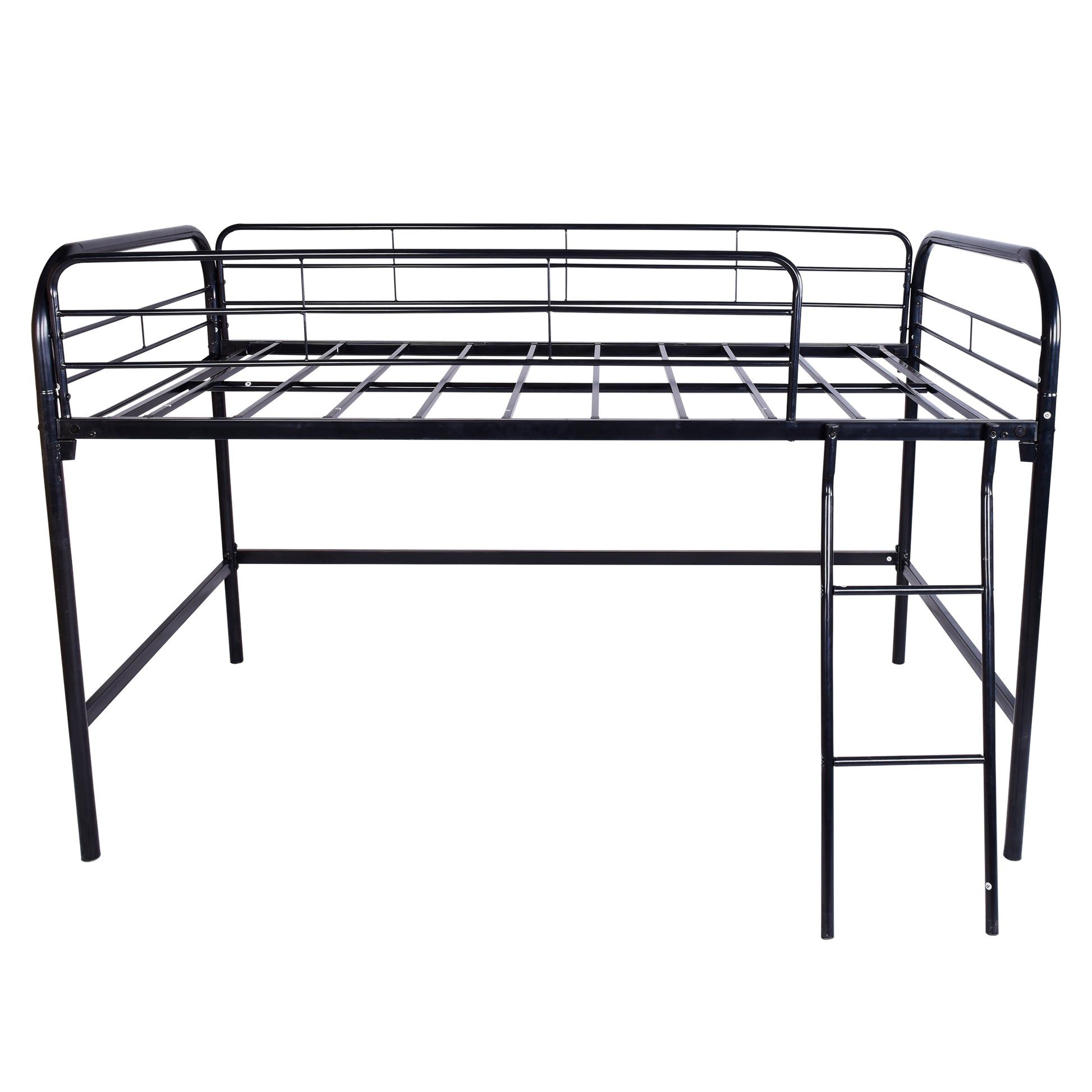Twin-Sized Full Metal High Loft Style Bedframe with Ladder and Guard Rails
