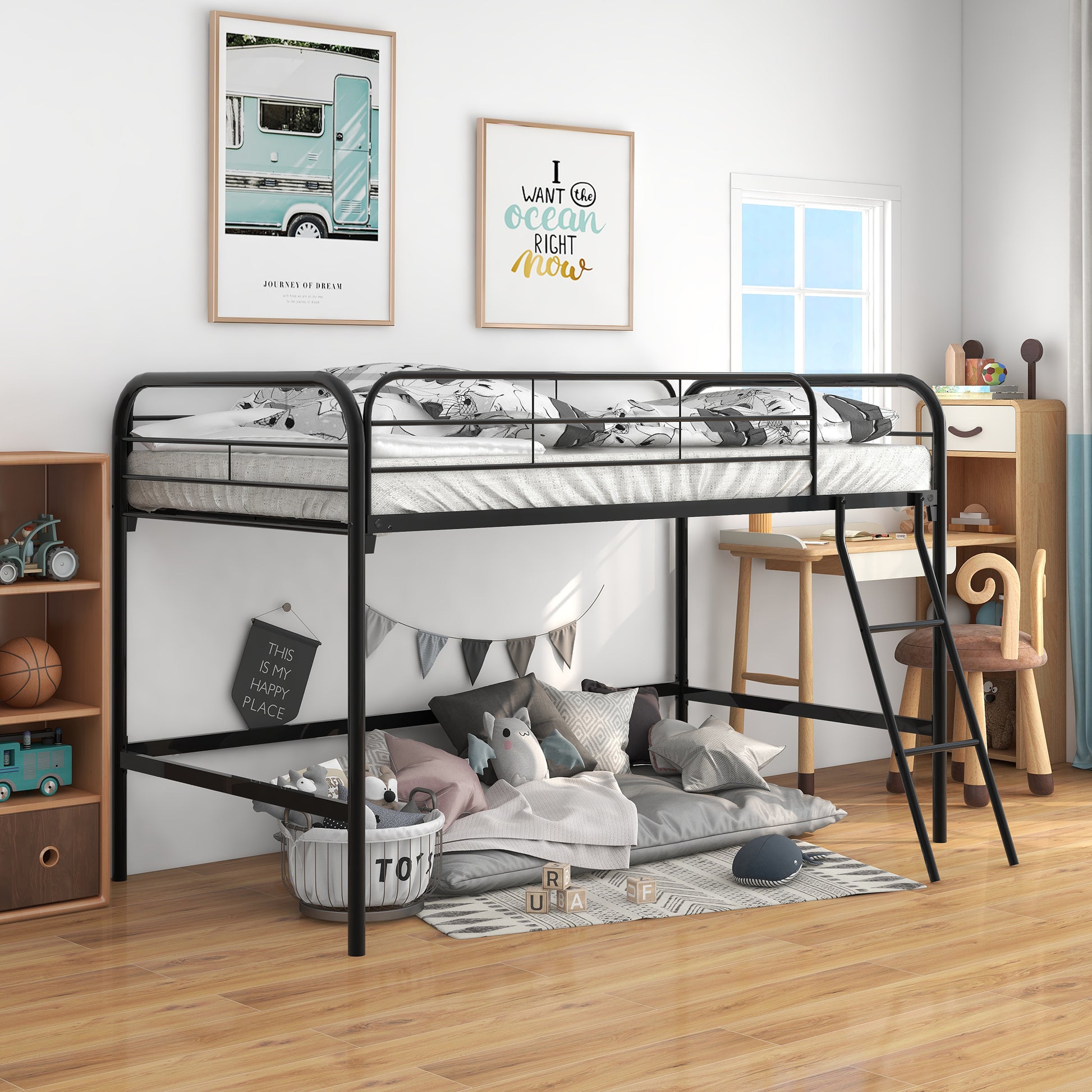 Twin-Sized Full Metal High Loft Style Bedframe with Ladder and Guard Rails