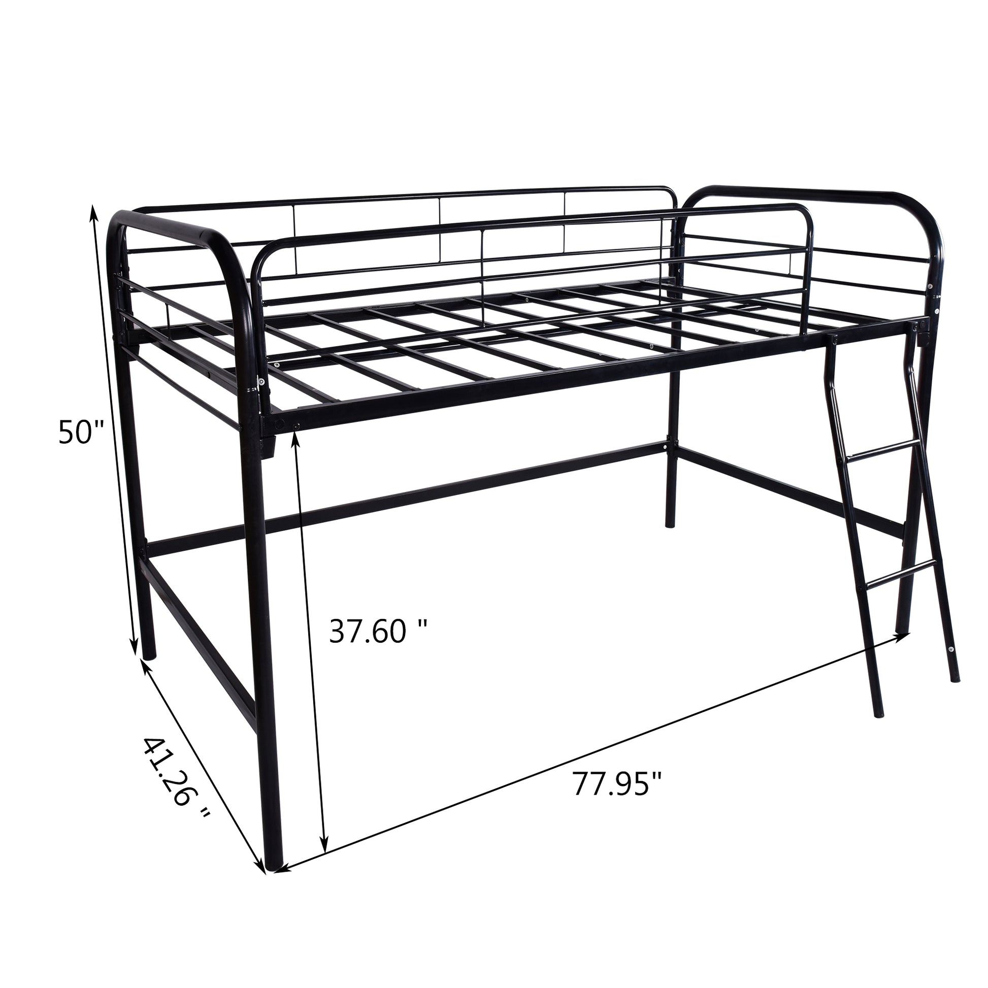 Twin-Sized Full Metal High Loft Style Bedframe with Ladder and Guard Rails