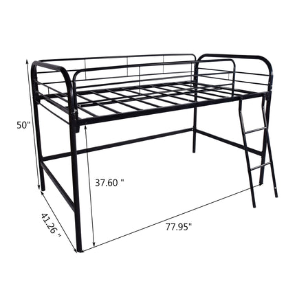 Twin-Sized Full Metal High Loft Style Bedframe with Ladder and Guard Rails