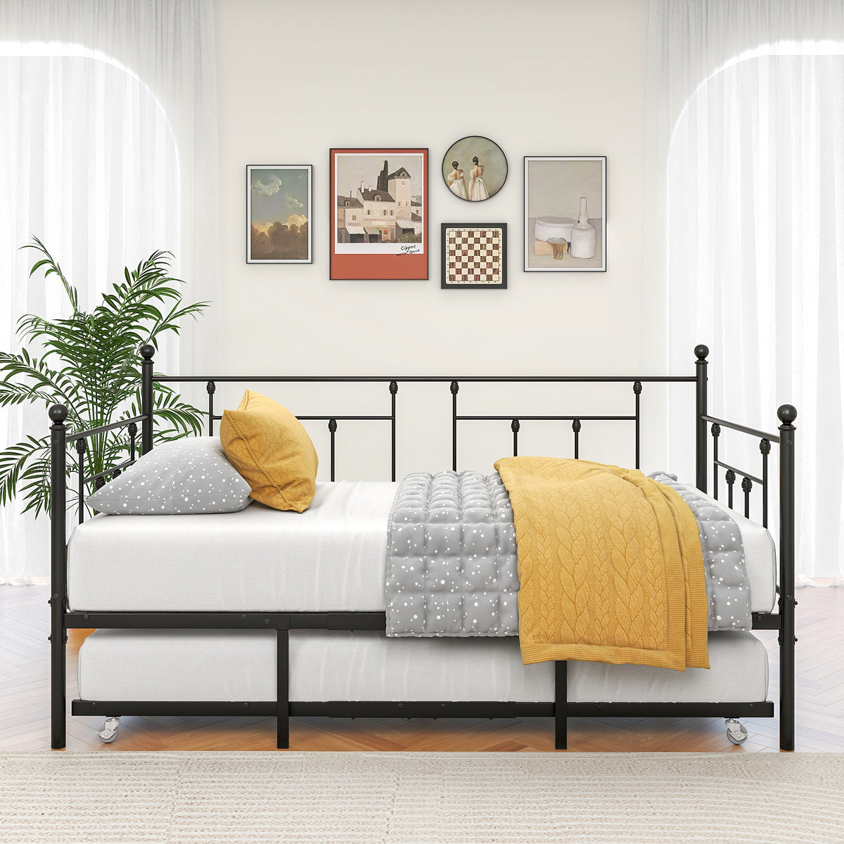Twin-Sized Full Metal Pull-Out Daybed Bedframe with Trundle No Box Spring