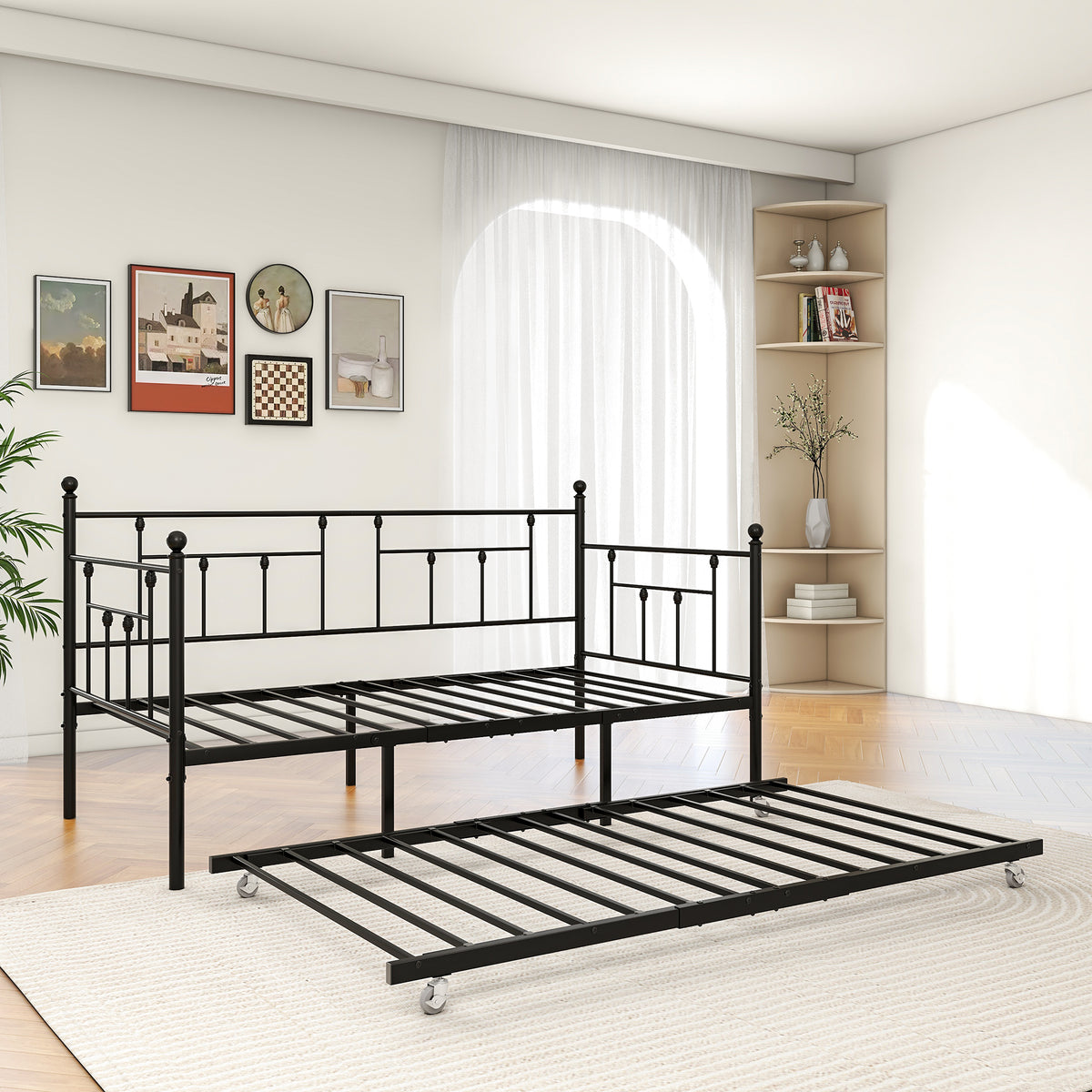 Twin-Sized Full Metal Pull-Out Daybed Bedframe with Trundle No Box Spring