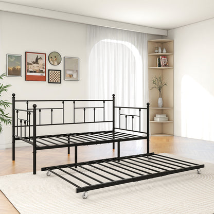 Twin-Sized Full Metal Pull-Out Daybed Bedframe with Trundle No Box Spring