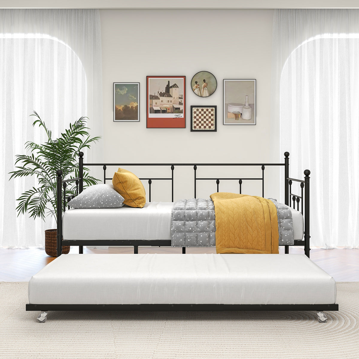 Twin-Sized Full Metal Pull-Out Daybed Bedframe with Trundle No Box Spring