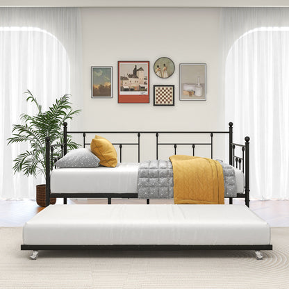 Twin-Sized Full Metal Pull-Out Daybed Bedframe with Trundle No Box Spring