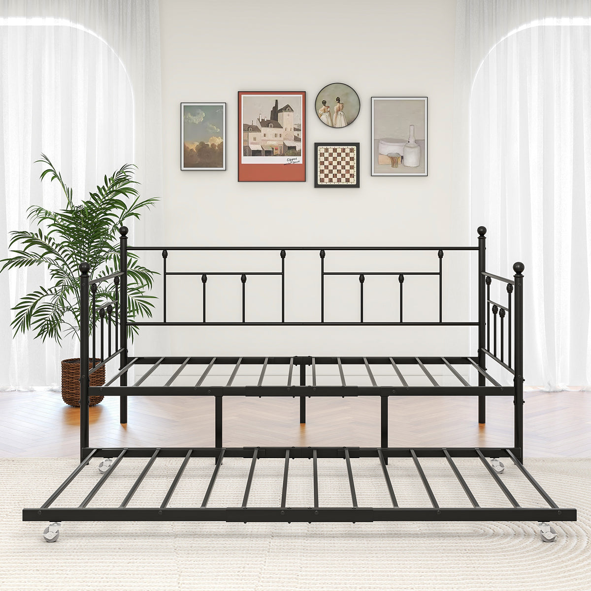Twin-Sized Full Metal Pull-Out Daybed Bedframe with Trundle No Box Spring
