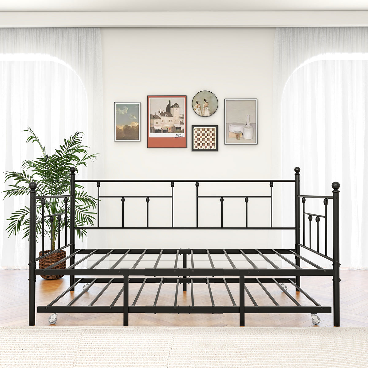 Twin-Sized Full Metal Pull-Out Daybed Bedframe with Trundle No Box Spring