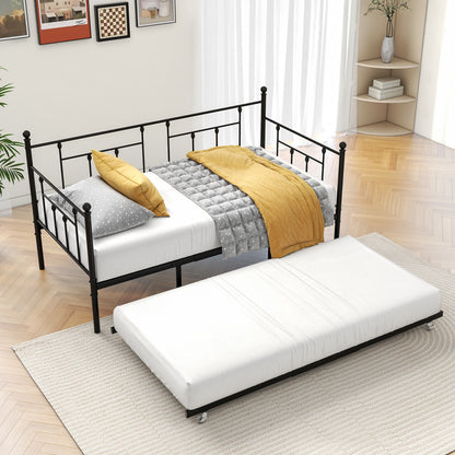 Twin-Sized Full Metal Pull-Out Daybed Bedframe with Trundle No Box Spring