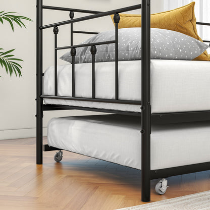 Twin-Sized Full Metal Pull-Out Daybed Bedframe with Trundle No Box Spring