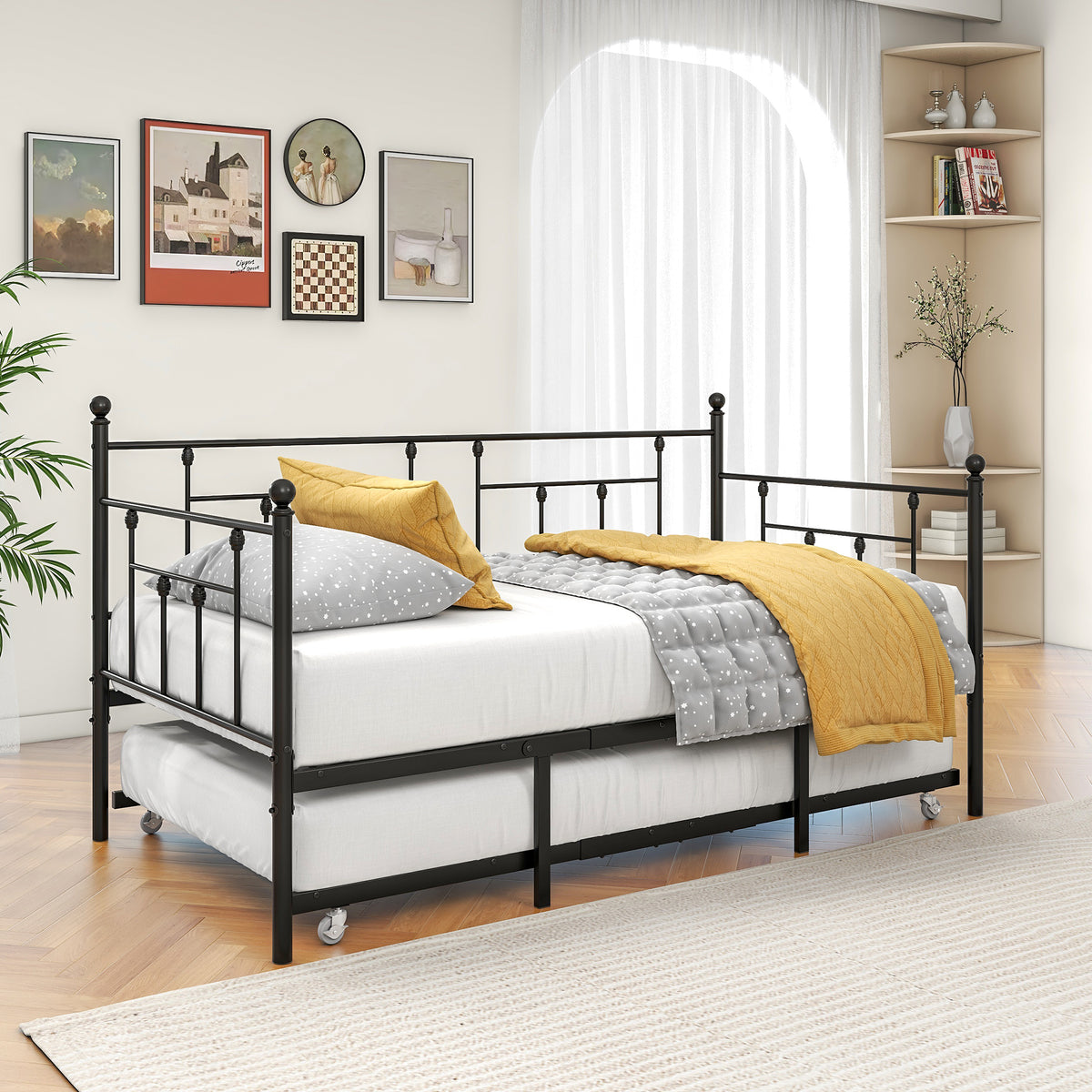 Twin-Sized Full Metal Pull-Out Daybed Bedframe with Trundle No Box Spring