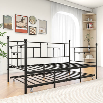 Twin-Sized Full Metal Pull-Out Daybed Bedframe with Trundle No Box Spring