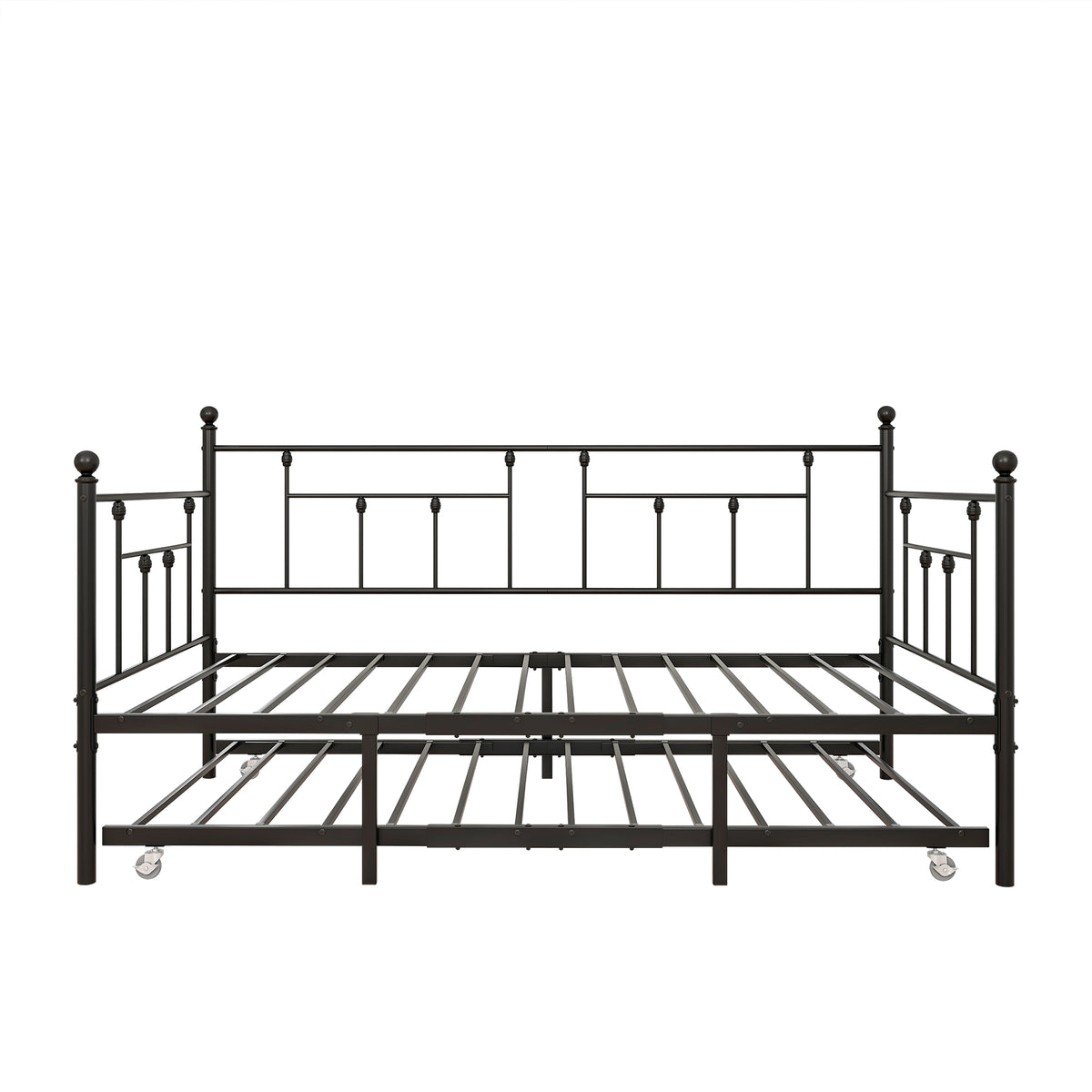 Twin-Sized Full Metal Pull-Out Daybed Bedframe with Trundle No Box Spring