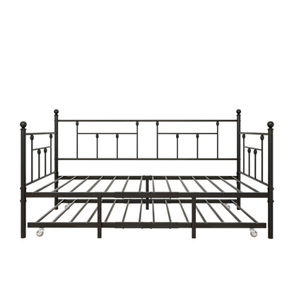 Twin-Sized Full Metal Pull-Out Daybed Bedframe with Trundle No Box Spring