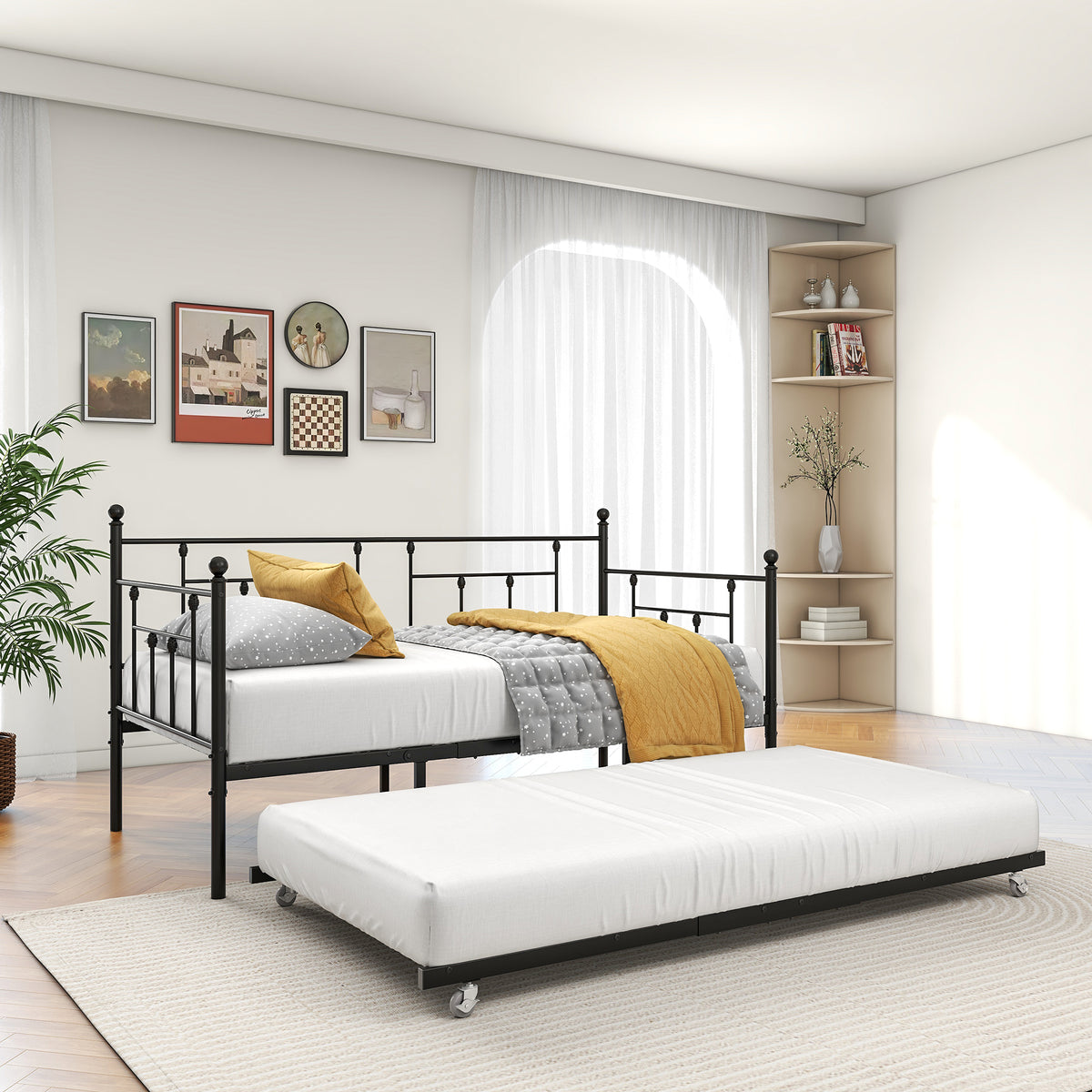Twin-Sized Full Metal Pull-Out Daybed Bedframe with Trundle No Box Spring