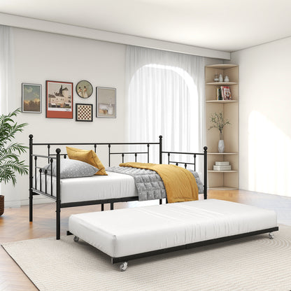Twin-Sized Full Metal Pull-Out Daybed Bedframe with Trundle No Box Spring