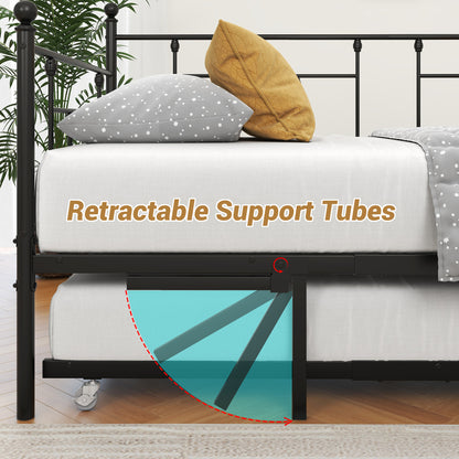 Twin-Sized Full Metal Pull-Out Daybed Bedframe with Trundle No Box Spring