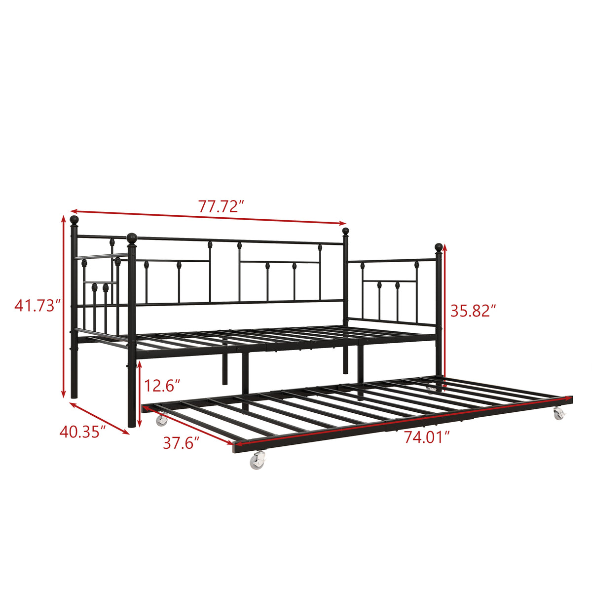 Twin-Sized Full Metal Pull-Out Daybed Bedframe with Trundle No Box Spring
