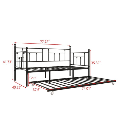 Twin-Sized Full Metal Pull-Out Daybed Bedframe with Trundle No Box Spring