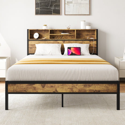 Full-Sized Quick Assembly Heavy Duty Platform Bedframe with Charging Station