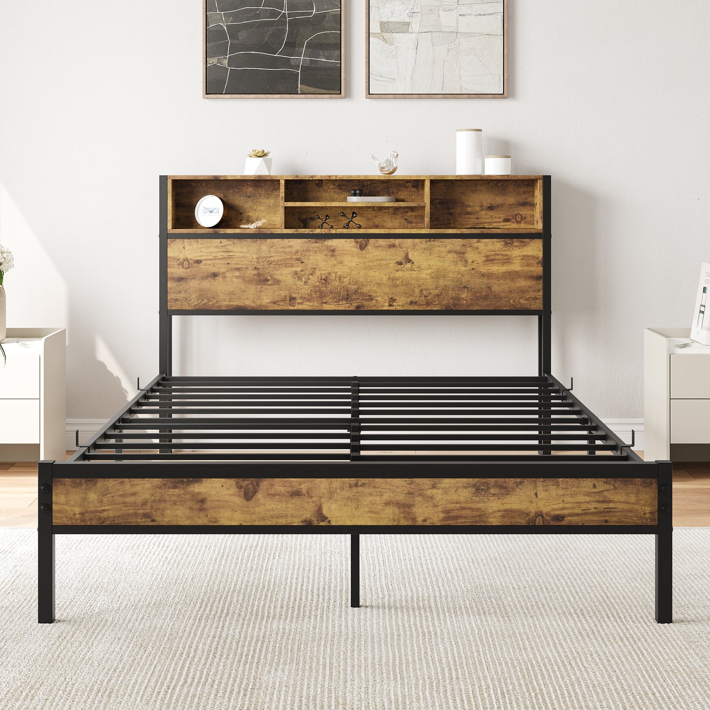 Full-Sized Quick Assembly Heavy Duty Platform Bedframe with Charging Station