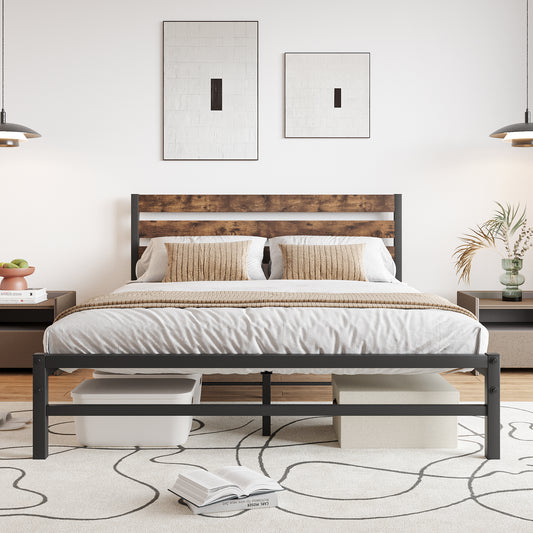 Full-Sized Platform Bedframe with Slats and Vintage Wooden Head Board