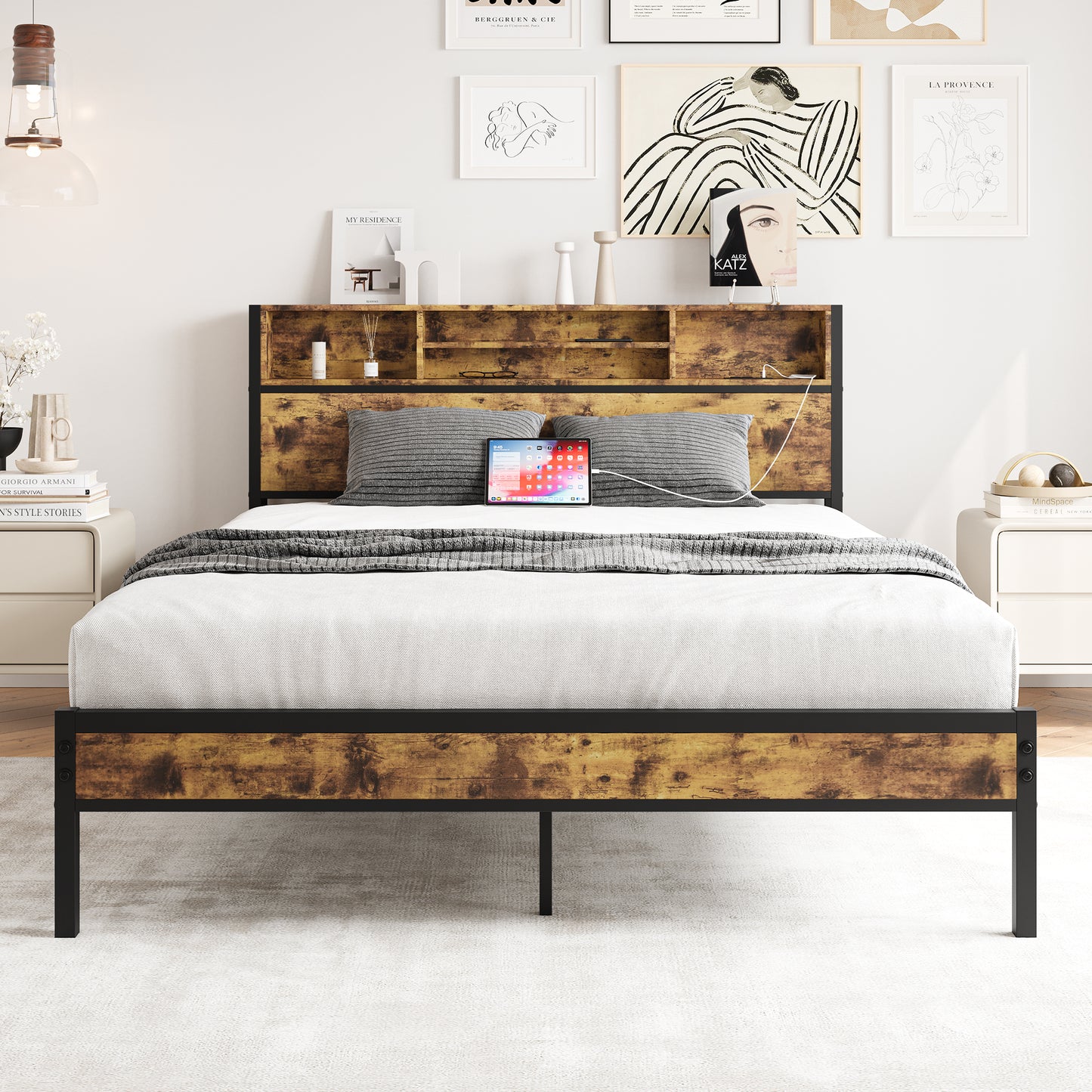 Queen-Sized Quick Assembly Bedframe with Charging Station and Storage