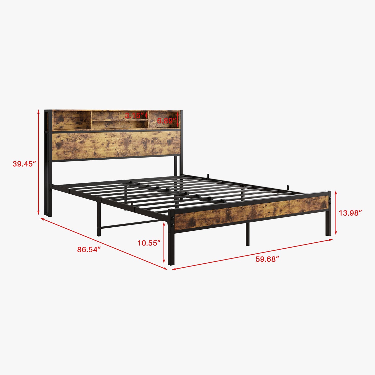 Queen-Sized Quick Assembly Bedframe with Charging Station and Storage