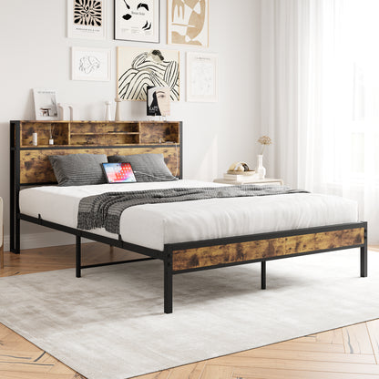 Queen-Sized Quick Assembly Bedframe with Charging Station and Storage