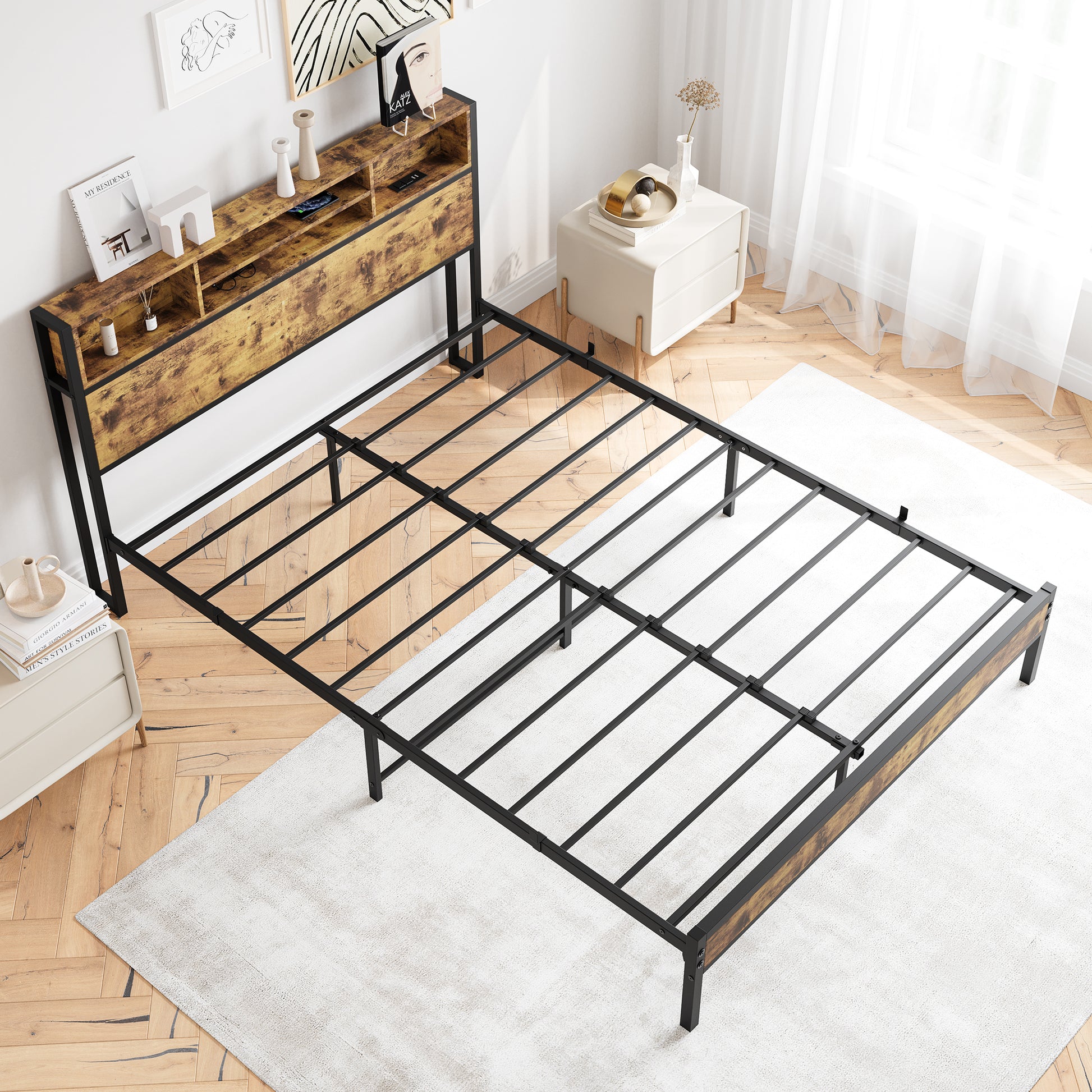 Queen-Sized Quick Assembly Bedframe with Charging Station and Storage