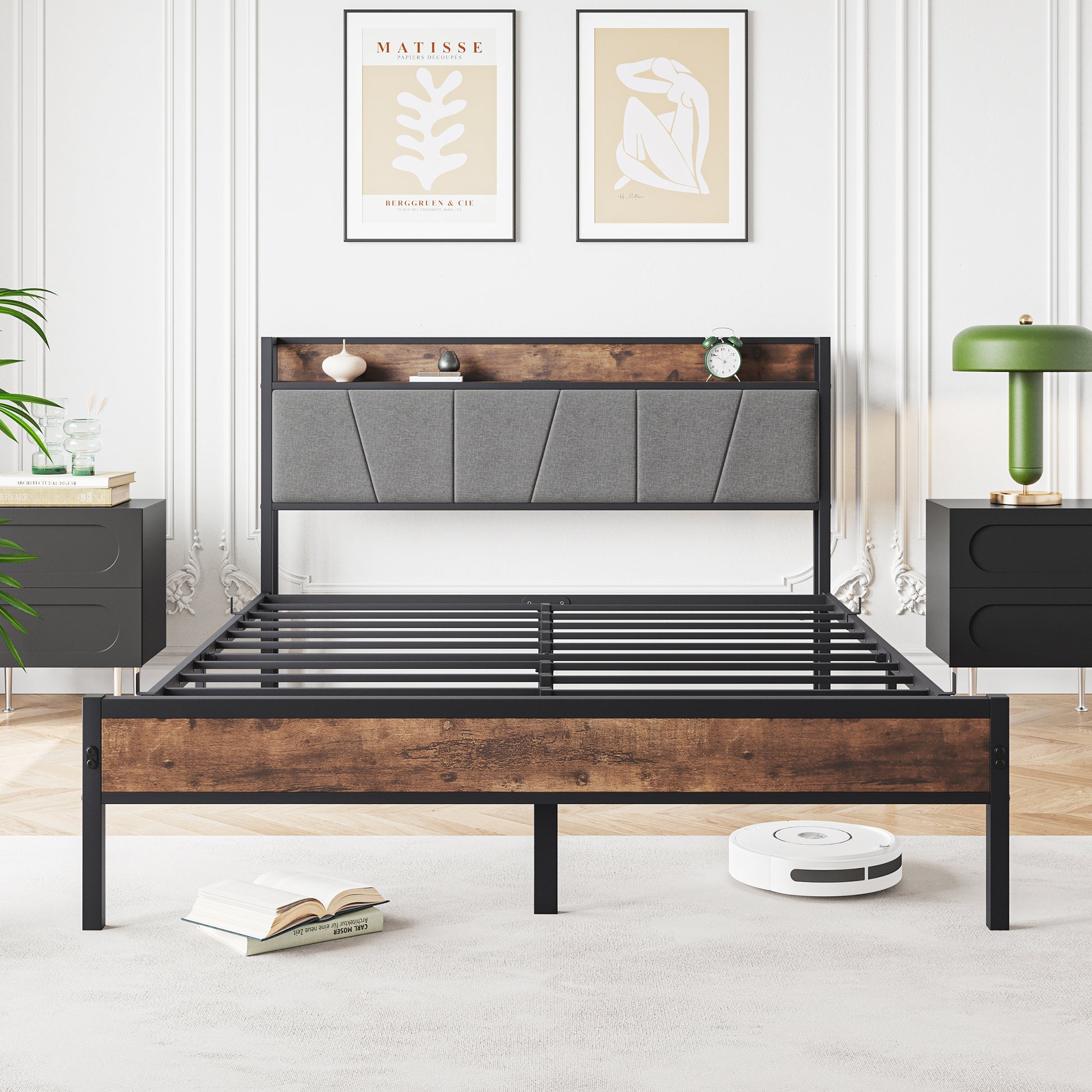 Queen-Sized Platform Bedframe with Storage and Rustic Wooden Head Board