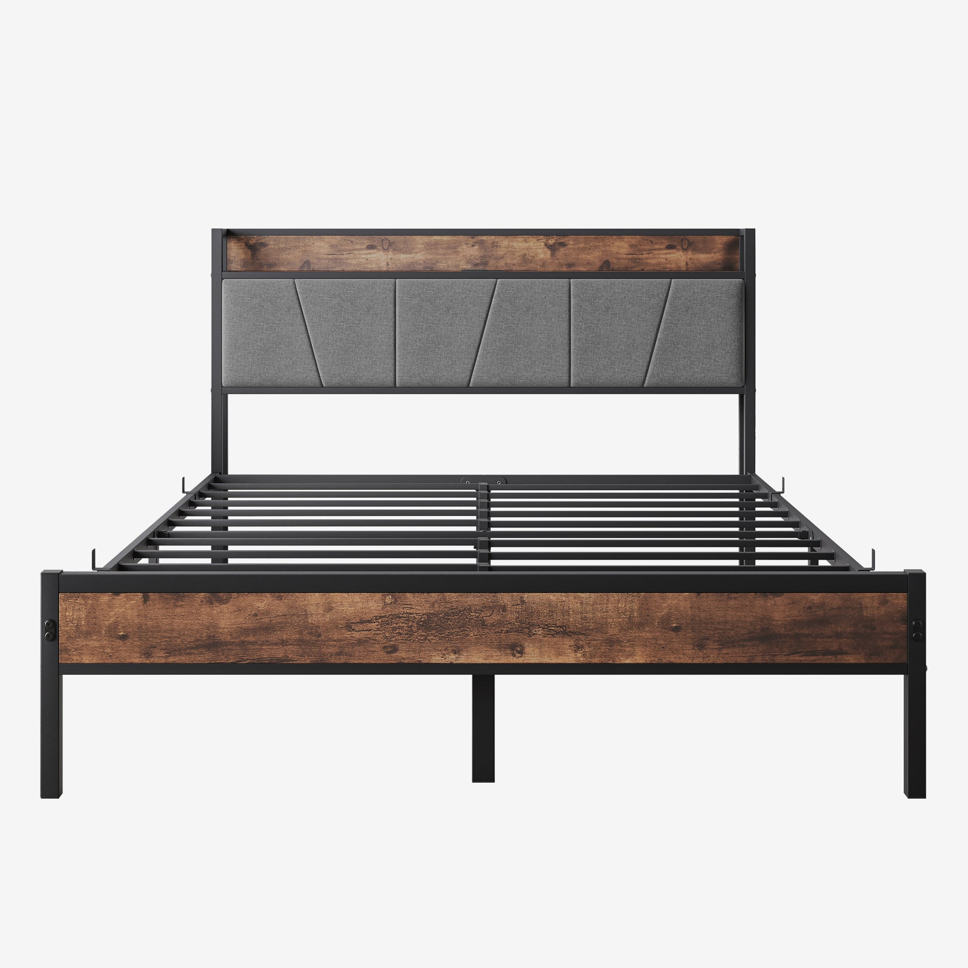 Queen-Sized Platform Bedframe with Storage and Rustic Wooden Head Board
