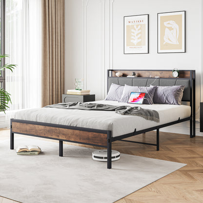 Queen-Sized Platform Bedframe with Storage and Rustic Wooden Head Board