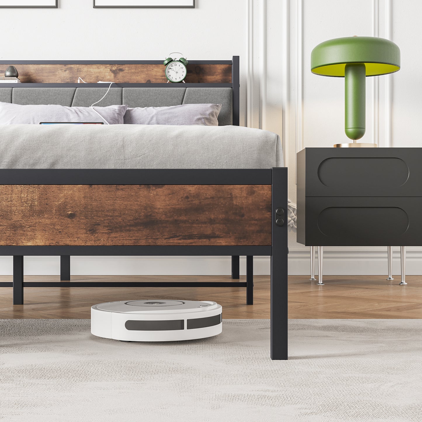 Queen-Sized Platform Bedframe with Storage and Rustic Wooden Head Board